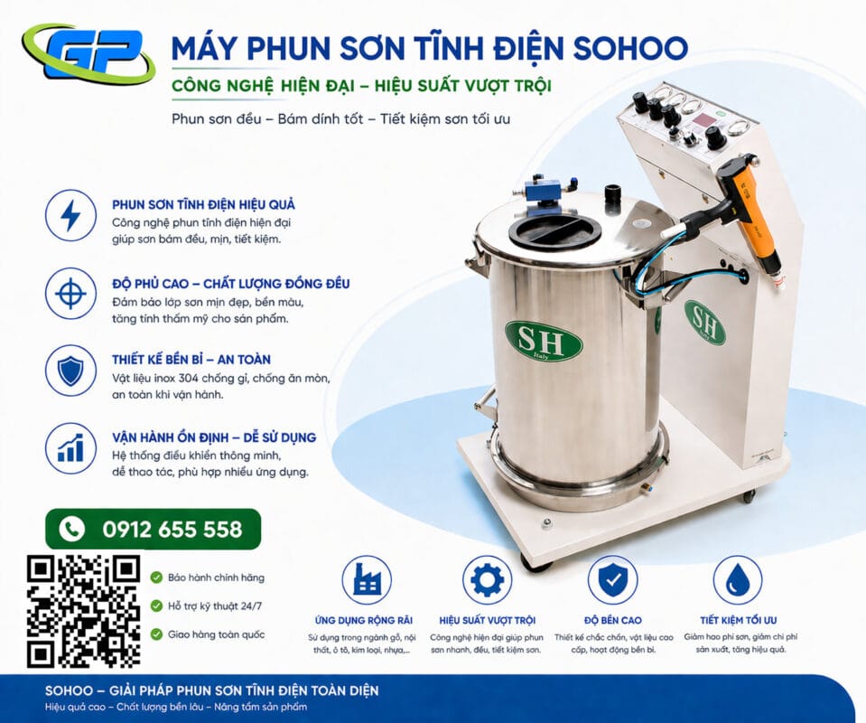 Máy phun sơn tĩnh điện cầm tay phù hợp ngành nào? Máy phun sơn tĩnh điện SOHOO là giải pháp tối ưu cho ngành sơn công nghiệp, giúp bề mặt sơn mịn, đều màu và tiết kiệm vật liệu tối đa. Thiết bị ứng dụng công nghệ tĩnh điện hiện đại, tăng độ bám dính, giảm hao hụt sơn và thân thiện với môi trường. Với thiết kế bền bỉ, dễ vận hành và hiệu suất cao, máy phù hợp cho nhiều lĩnh vực như cơ khí, nội thất, kim loại và xây dựng. SOHOO mang đến chất lượng ổn định, nâng cao năng suất và giảm chi phí sản xuất cho doanh nghiệp.