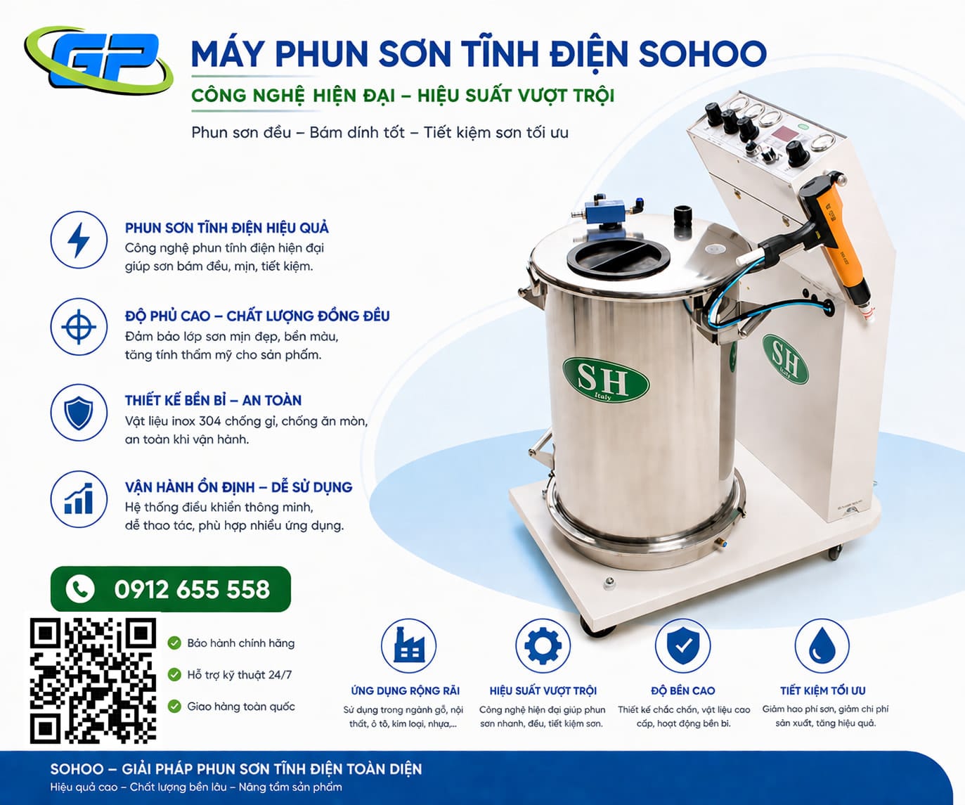 Thiết Bị Sơn Tĩnh Điện SOOHO SH-210 Máy phun sơn tĩnh điện SOHOO là giải pháp tối ưu cho ngành sơn công nghiệp, giúp bề mặt sơn mịn, đều màu và tiết kiệm vật liệu tối đa. Thiết bị ứng dụng công nghệ tĩnh điện hiện đại, tăng độ bám dính, giảm hao hụt sơn và thân thiện với môi trường. Với thiết kế bền bỉ, dễ vận hành và hiệu suất cao, máy phù hợp cho nhiều lĩnh vực như cơ khí, nội thất, kim loại và xây dựng. SOHOO mang đến chất lượng ổn định, nâng cao năng suất và giảm chi phí sản xuất cho doanh nghiệp.
