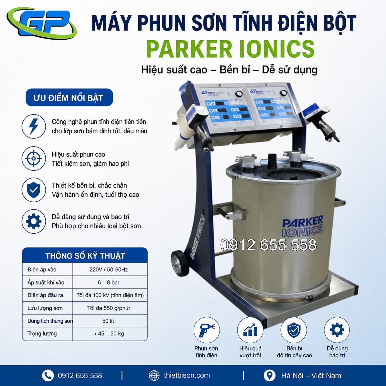 Súng sơn tĩnh điện Ionics Parker GX 8500 Súng phun sơn tĩnh điện Parker Ionics GX8500 chính hãng, công nghệ Mỹ, phun mịn, bám dính cao, tiết kiệm bột, độ bền cao, phù hợp dây chuyền sơn công nghiệp.