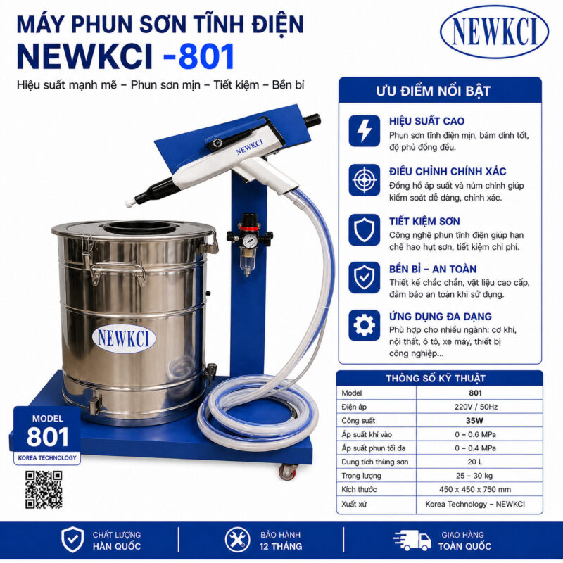 Máy phun sơn tĩnh điện NEWKCI công nghệ hiện đại, vận hành ổn định, cho lớp sơn mịn, bám dính cao và tiết kiệm sơn tối ưu. Thiết bị phù hợp cho sơn kim loại, nội thất và sản xuất công nghiệp, giúp nâng cao chất lượng bề mặt và hiệu suất làm việc.