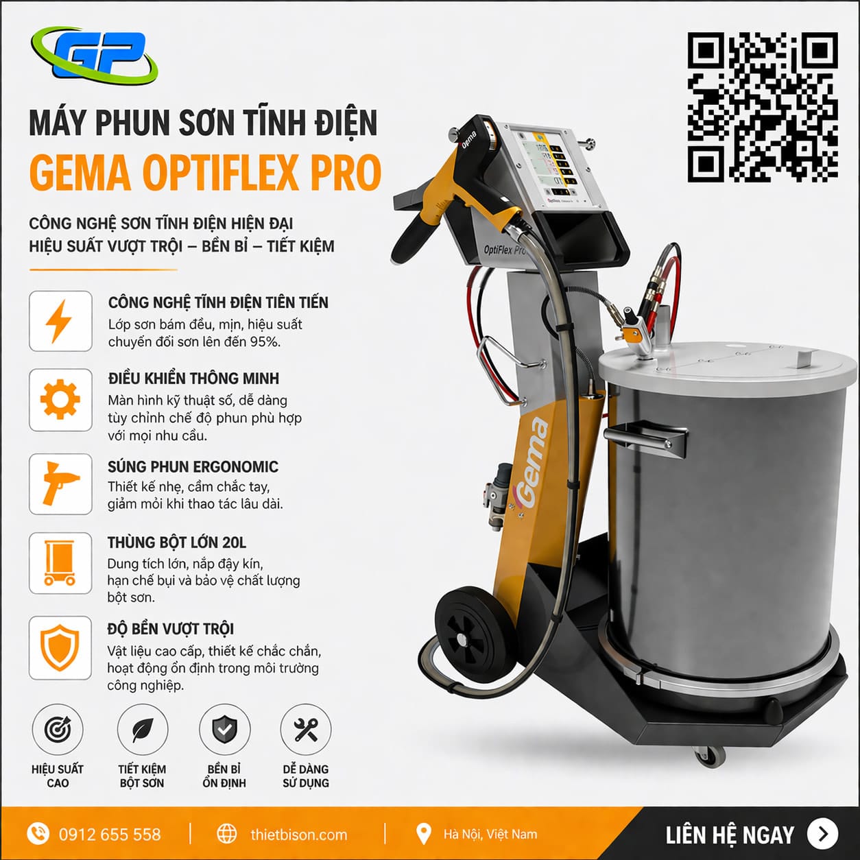 Súng sơn tĩnh điện Gema Switzerland 2F là thiết bị phun sơn bột chất lượng cao, cho lớp phủ mịn, tiết kiệm sơn và vận hành ổn định, phù hợp cho sản xuất công nghiệp.