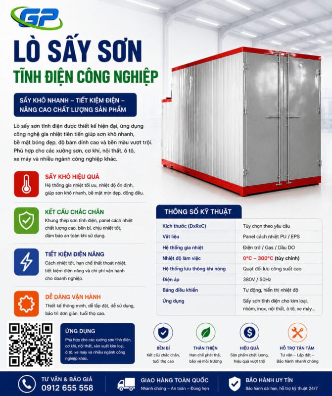 Lò Sấy Sơn tĩnh điện Lò sấy sơn tĩnh điện là thiết bị chuyên dụng trong ngành sơn công nghiệp, giúp quá trình sấy khô diễn ra nhanh chóng và đồng đều. Sản phẩm được thiết kế với panel cách nhiệt chất lượng cao, khả năng giữ nhiệt ổn định và tiết kiệm điện năng hiệu quả. Lò phù hợp cho xưởng cơ khí, nội thất, gara ô tô và nhà máy sản xuất công nghiệp, giúp bề mặt sơn bền màu, tăng độ bám dính và nâng cao chất lượng thành phẩm.