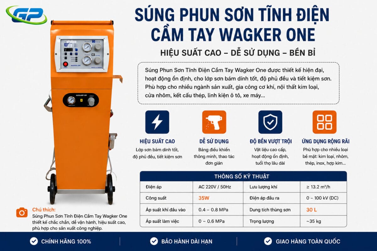 Súng phun sơn tĩnh điện cầm tay Wagker One chính hãng, độ bám cao, phủ đều, tiết kiệm sơn và dễ sử dụng. Phù hợp sơn kim loại, cơ khí và công nghiệp.