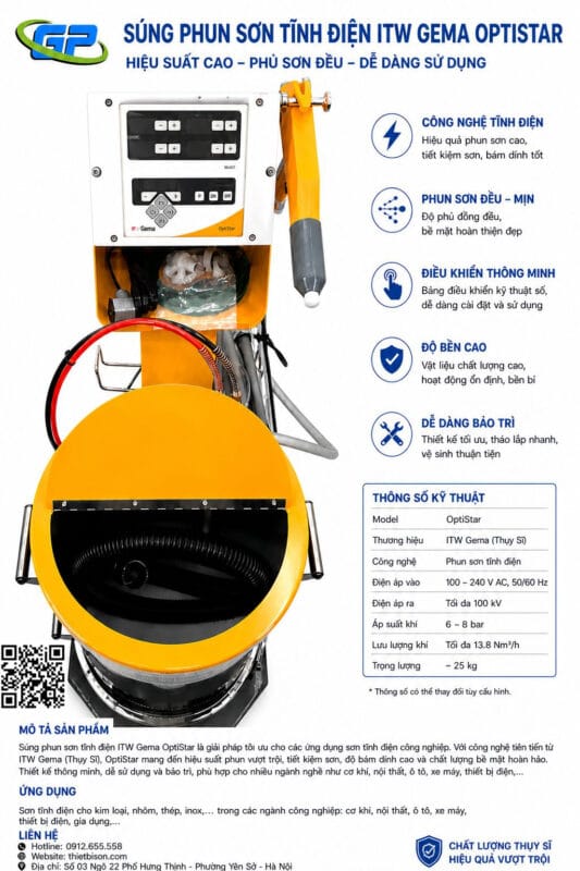Máy phun sơn tĩnh điện ITW Gema chính hãng Máy phun sơn tĩnh điện ITW Gema chính hãng ứng dụng công nghệ Thụy Sĩ hiện đại, cho hiệu suất phun cao, lớp sơn mịn đều và độ bám dính vượt trội. Thiết bị vận hành ổn định, tiết kiệm sơn, phù hợp cho các ngành cơ khí, kim loại, inox và sản xuất công nghiệp.