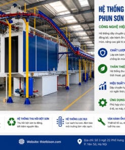 Dây chuyền phun sơn tĩnh điện tự động số 1 Hệ thống dây chuyền phun sơn tĩnh điện tự động với công nghệ hiện đại giúp tạo lớp sơn bền đẹp, chống ăn mòn và tối ưu chi phí sản xuất. Giải pháp phù hợp cho cơ khí, nội thất, ô tô, xe máy và thiết bị công nghiệp.