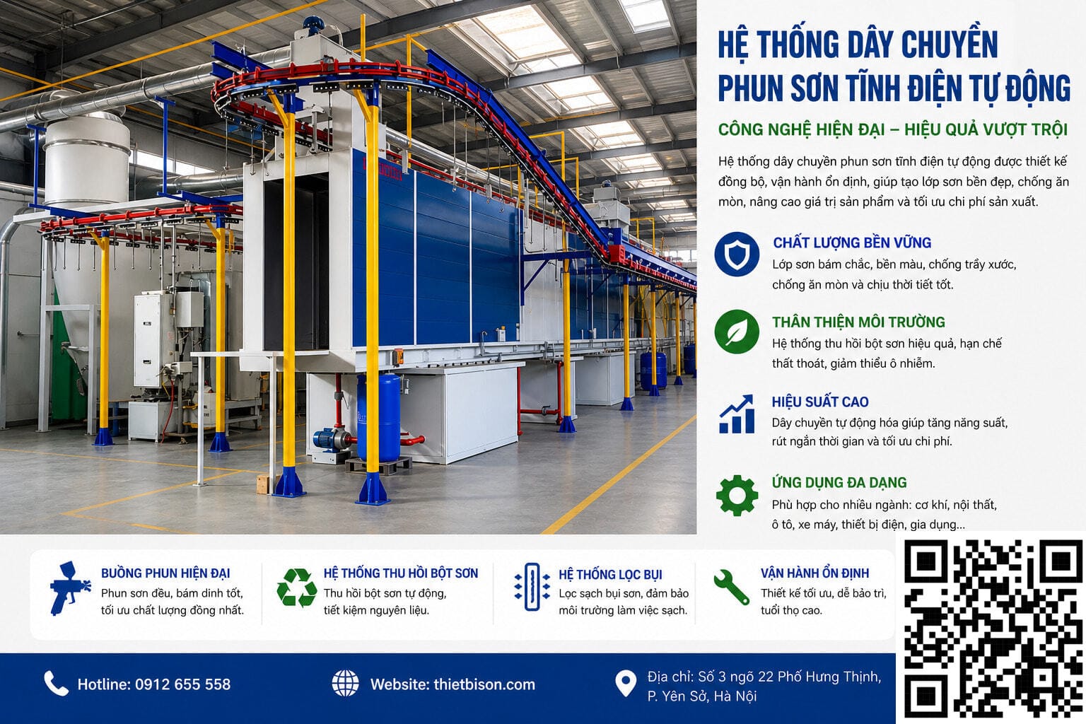 Dây chuyền phun sơn tĩnh điện tự động số 1 Hệ thống dây chuyền phun sơn tĩnh điện tự động với công nghệ hiện đại giúp tạo lớp sơn bền đẹp, chống ăn mòn và tối ưu chi phí sản xuất. Giải pháp phù hợp cho cơ khí, nội thất, ô tô, xe máy và thiết bị công nghiệp.