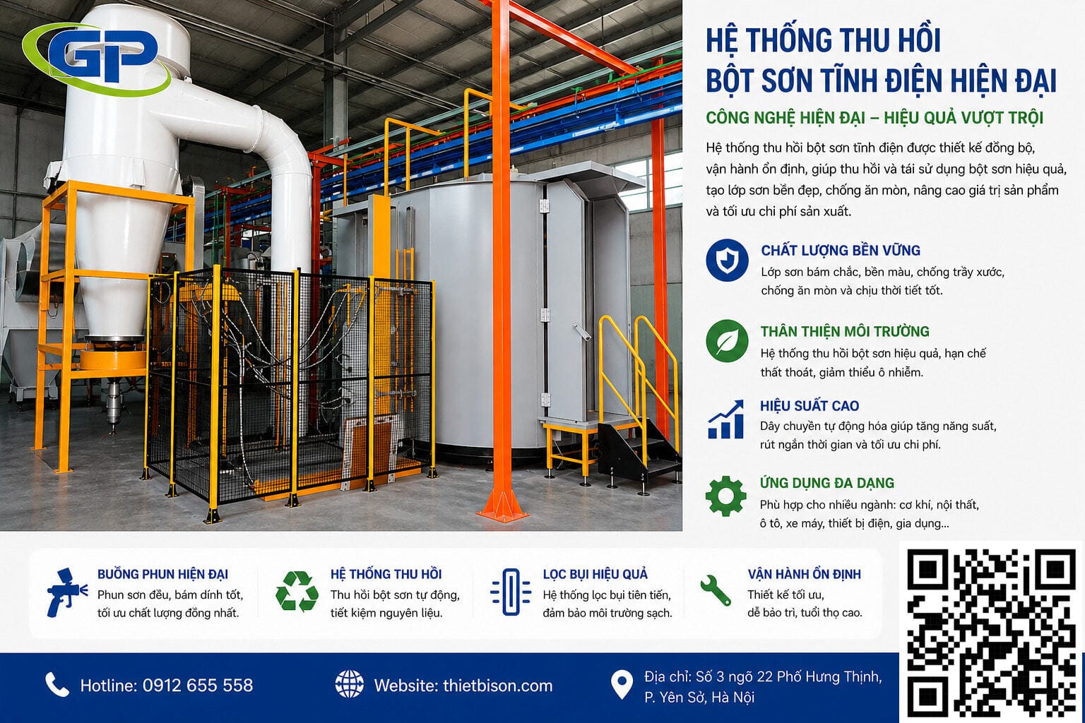 Dây chuyền phun sơn tĩnh điện tự động số 1 Hệ thống thu hồi bột sơn tĩnh điện hiện đại giúp tái sử dụng bột sơn hiệu quả, giảm thất thoát nguyên liệu và tối ưu chi phí sản xuất. Công nghệ lọc bụi tiên tiến, vận hành ổn định và thân thiện với môi trường.
