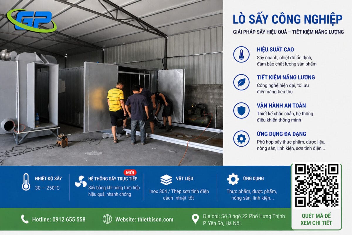 hiết bị lò sấy công nghiệp ứng dụng công nghệ sấy trực tiếp, kiểm soát nhiệt chính xác 30–250°C. Tối ưu hiệu suất, giảm tiêu hao năng lượng, phù hợp nhiều lĩnh vực sản xuất.