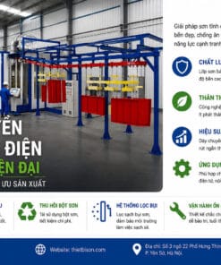 Dây chuyền phun sơn tĩnh điện tự động số 1 Hệ thống sơn tĩnh điện tự động hiện đại giúp nâng cao chất lượng lớp sơn, chống ăn mòn, tiết kiệm chi phí và tối ưu năng suất sản xuất. Giải pháp phù hợp cho ngành cơ khí, nội thất, điện tử, ô tô và thiết bị công nghiệp.