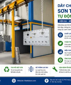 Dây chuyền sơn tĩnh điện tự động hiện đại giúp tạo lớp sơn bền đẹp, chống ăn mòn, tiết kiệm chi phí và tối ưu sản xuất. Hệ thống vận hành ổn định, phù hợp cho cơ khí, điện tử, nội thất, ô tô và nhiều ngành công nghiệp khác.