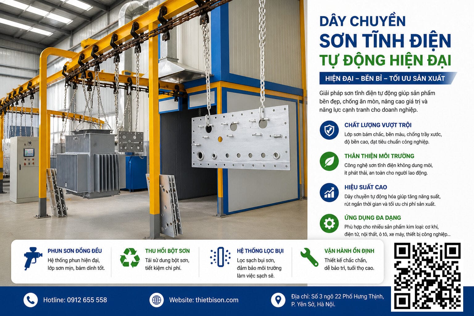 Dây chuyền phun sơn tĩnh điện tự động số 1 Dây chuyền sơn tĩnh điện tự động hiện đại giúp tạo lớp sơn bền đẹp, chống ăn mòn, tiết kiệm chi phí và tối ưu sản xuất. Hệ thống vận hành ổn định, phù hợp cho cơ khí, điện tử, nội thất, ô tô và nhiều ngành công nghiệp khác.