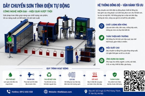 5 Bước Lắp Đặt Một Hệ Thống Sơn Tĩnh Điện Dây chuyền sơn tĩnh điện tự động ứng dụng công nghệ hiện đại giúp nâng cao chất lượng lớp sơn, tiết kiệm nguyên liệu và tối ưu quy trình sản xuất. Hệ thống vận hành đồng bộ, phù hợp cho cơ khí, nội thất, ô tô, xe máy và thiết bị điện.